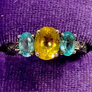 925 Genuine Natural Golden Beryl & Apatite 3 Stone Ring Sz7.5 EUC